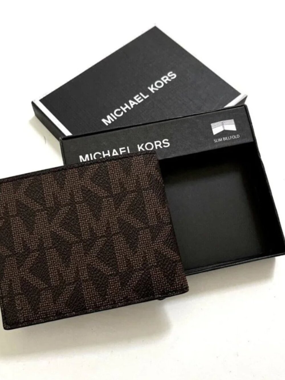 NWT Michael Kors Slim Billfold Wallet Brown MK Logo Print Gift Boxed Men's - Picture 2 of 4